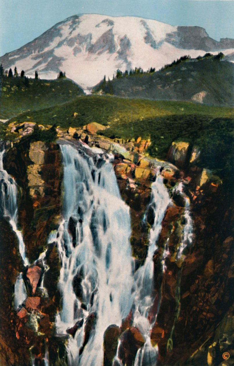 Myrtle Şelalesi ve Rainier Dağı, c1916 by Asahel Curtis