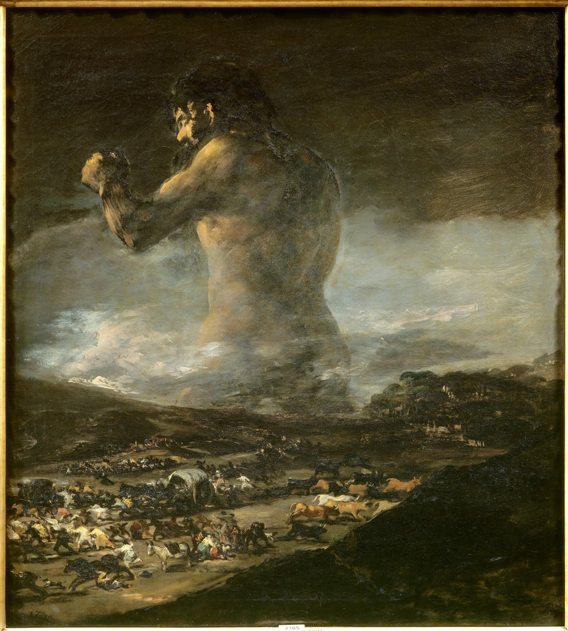 Çok karanlık bir manzaranın ovalarında yürüyen ve İspanyol halkının korku, ölüm, sefalet ve kaçış eken bir devin Colossus Silüeti. İspanya