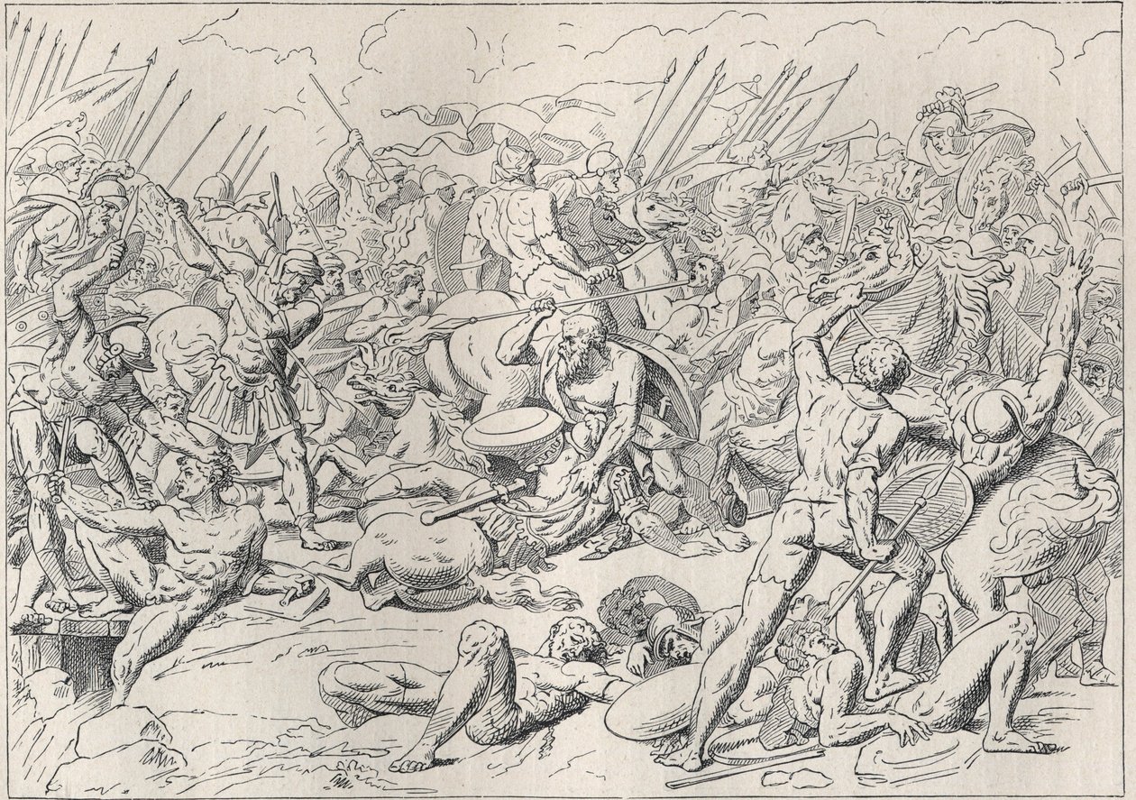 Mora Savaşı: Yunan filozofu Socrates'in Alcibiade'de hayatını kurtardığı Potidee Savaşı (La battaglia di Potidea). (Gravür d'apres cartens), L. Tarsot 1893'ün "" Les ecoliers a travers les age"" eserinde. by Asmus Jacob (after) Carstens