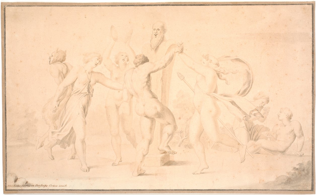 Bakkanal. Bir satir, bir arka kenar ve üç arka kenar dansçısı Priapsherme hakkında dans ediyor by Asmus Jacob Carstens