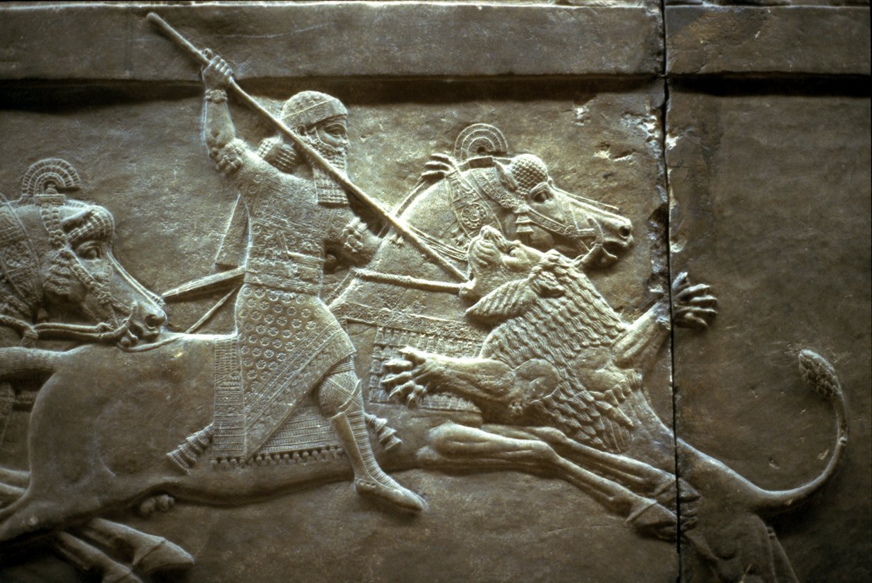 Kral Ashurnasirpal II, kraliyet aslan avı sırasında, MÖ 650-620 by Assyrian