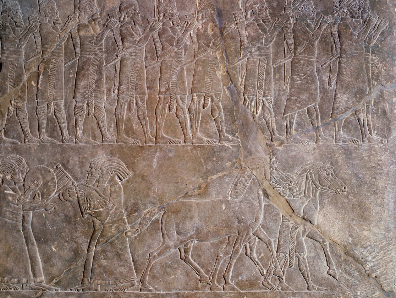Oryantal antik: kireçtaşından bir kısma detayı: Assurbanipal veya Asurbanipal, Asur (Mezopotamya) kralı (MÖ 669-MÖ 627) zırhının müzisyenleri. 640 M.Ö. Ninova