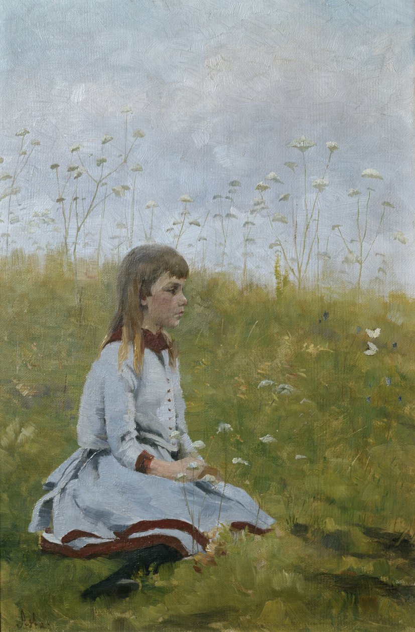 Çiçek çayırındaki kız, 1885 dolayları (tuval üzerine yağlı boya) by Asta Nørregaard