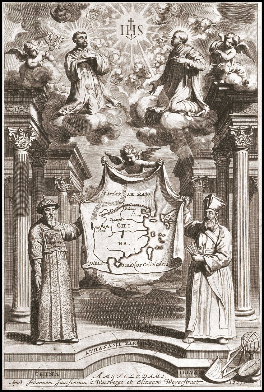 Adam Schall (solda) ve Matteo Ricci (sağda), Çin Mandarin kostümü içinde, Athanase Kircher (veya Athanasius Kircheri) tarafından “Çin”in ön yüzü by Athanasius Kircher