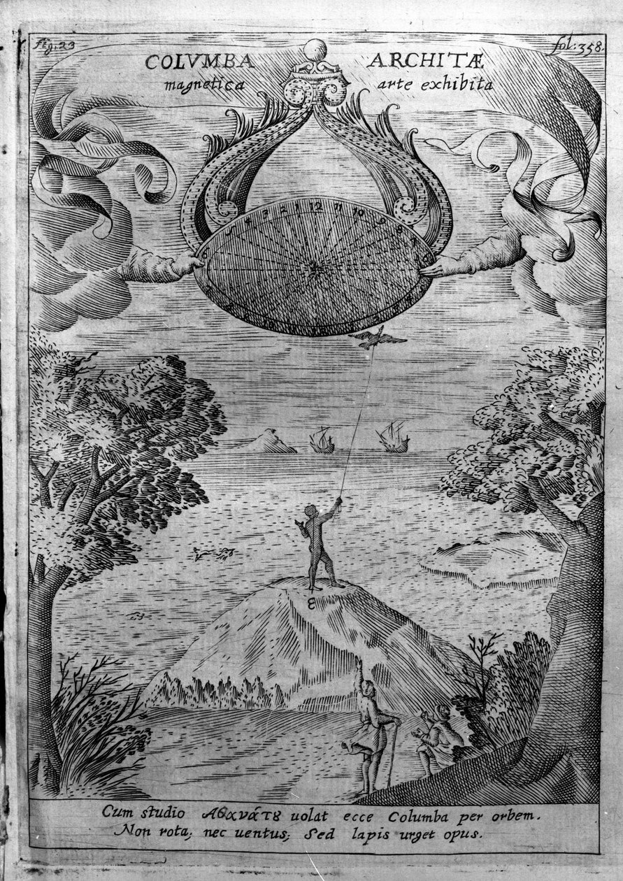 Taranto Archytas (MÖ 435-347) tahta bir güvercin uçar. Athanasius Kircher (1601-1680), Jesuite, oryantalist ve bilgin tarafından “Mundus Subterraneus”tan gravür. by Athanasius Kircher