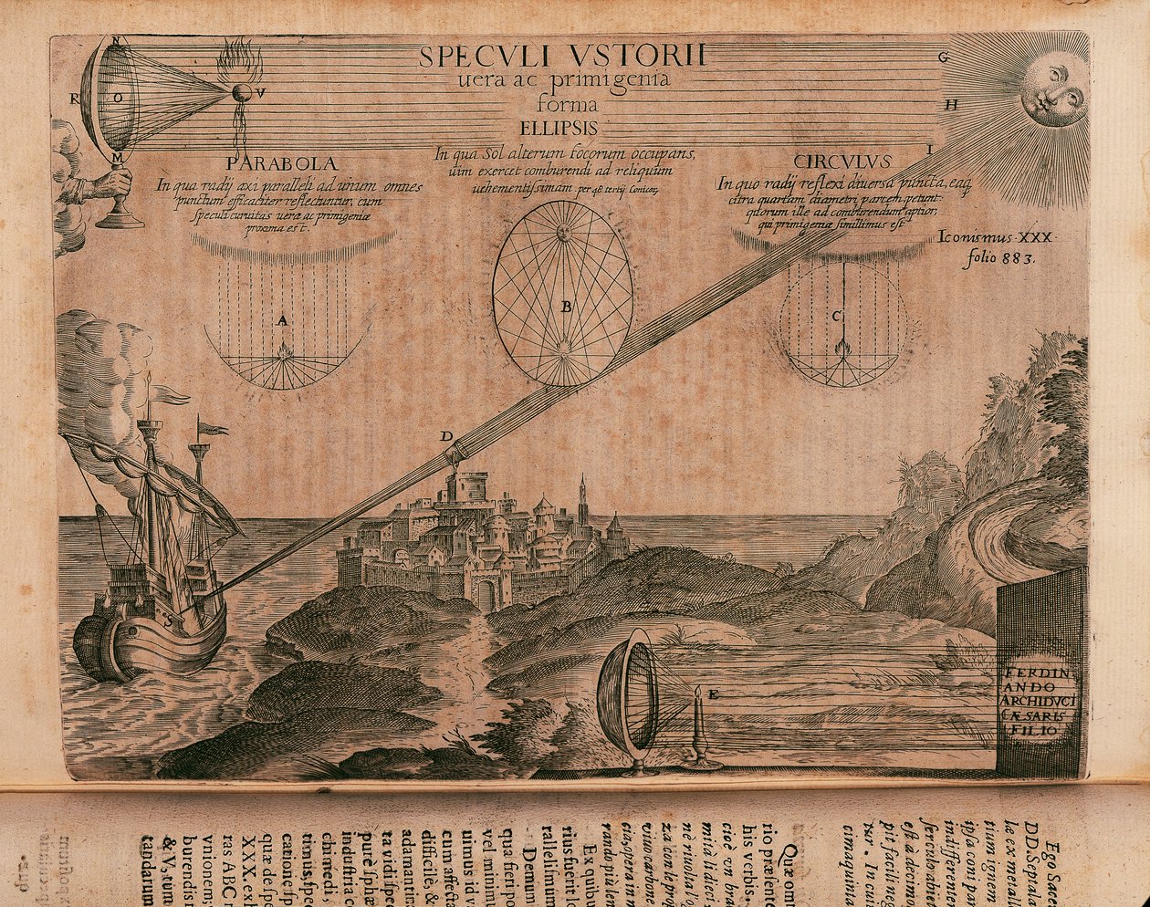 Arşimet'in yanan aynaları, Ars magna lucis et umbrae'den (büyük ışık ve gölge sanatı) gravür, Athanasius Kircher (1602-1680), Roma by Athanasius Kircher