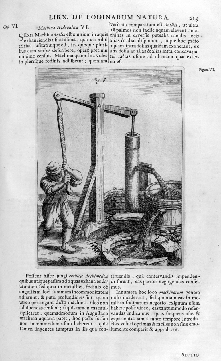 El hidrolik su pompası, 1678 by Athanasius Kircher