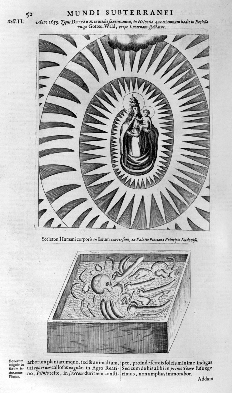 Bakire ve çocuk ve bir insan iskeleti, 1678 by Athanasius Kircher