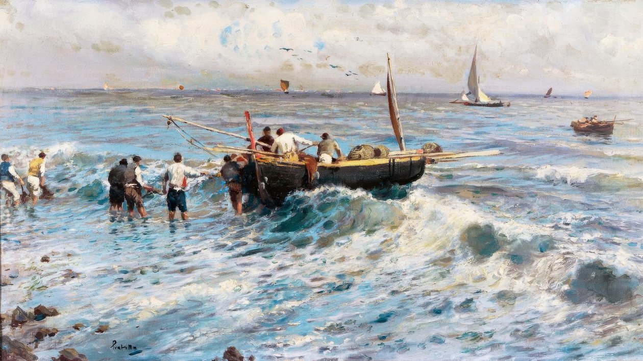 Balıkçılar ile deniz manzarası by Attilio Pratella