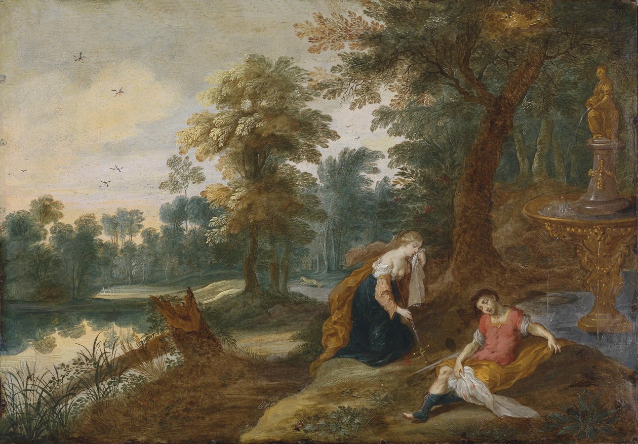 Pyramus ve Thisbe ile bir manzara by Attributed to Jasper van der Lanen  