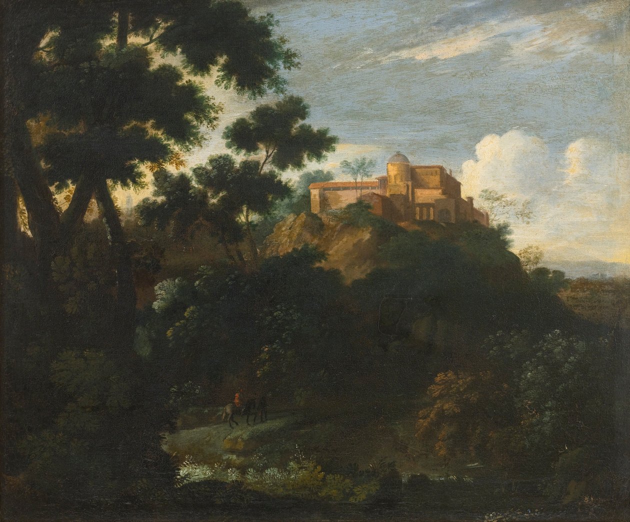 Bir yolda gezginler ile ormanlık dağlık manzara, ötesinde bir villa by Jean Francois Millet