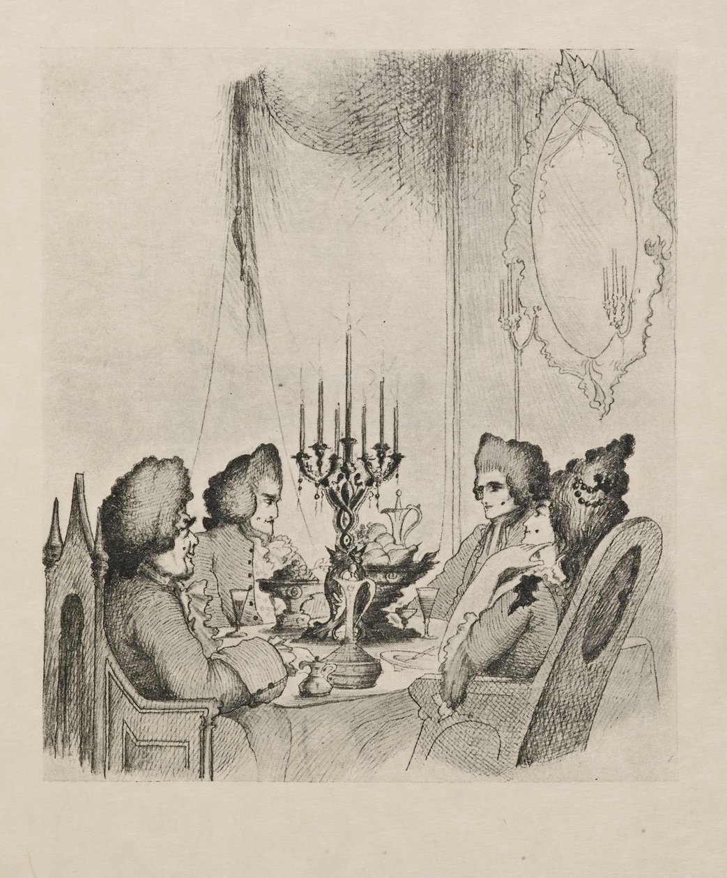 Elli çizimden oluşan bir kitaptan "Madame Lescaut" filminden bir sahne by Aubrey Beardsley