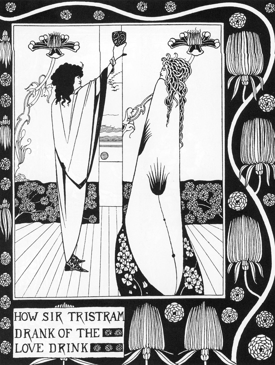 Arthur Efsanesi: “” Tristan aşk philtre içiyor””” “Tristan'ın hikayesi ve Isolde ile olan aşk hikayesini içeren maceraları”””””” Sir Thomas Malory'den, Aubrey Beardsley tarafından resimlenen baskı (1872-1898) ) 1893-1894 (Arthur by Aubrey Beardsley