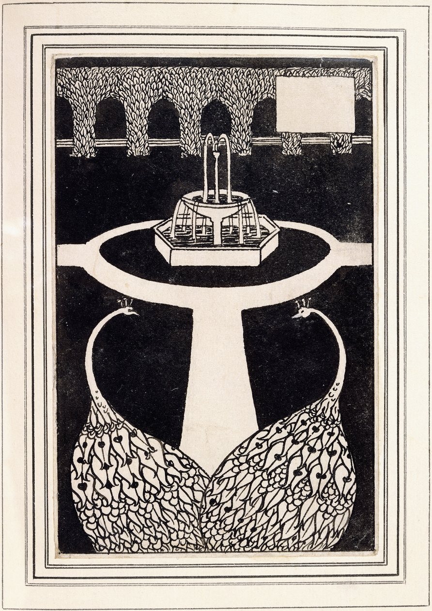 Çeşmeli bir bahçede iki tavus kuşunu betimleyen bölüm başlığı, 1893/4 civarı by Aubrey Beardsley
