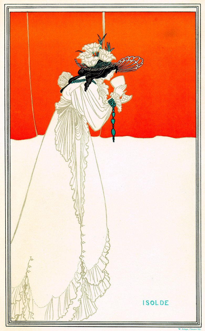 Isolde, Richard Wagner Tristan ve Isolde'nin (Iseult veya Iseut, Yseut, Yseult, Ysolde) operasından sonra Aubrey Beardsley'nin (1872-1898) aşk filtresini içiyor - Arthur Kelt efsanesi - Art Nouveau - kromo litografi (kromolitografi) W. Griggs , NS by Aubrey Beardsley