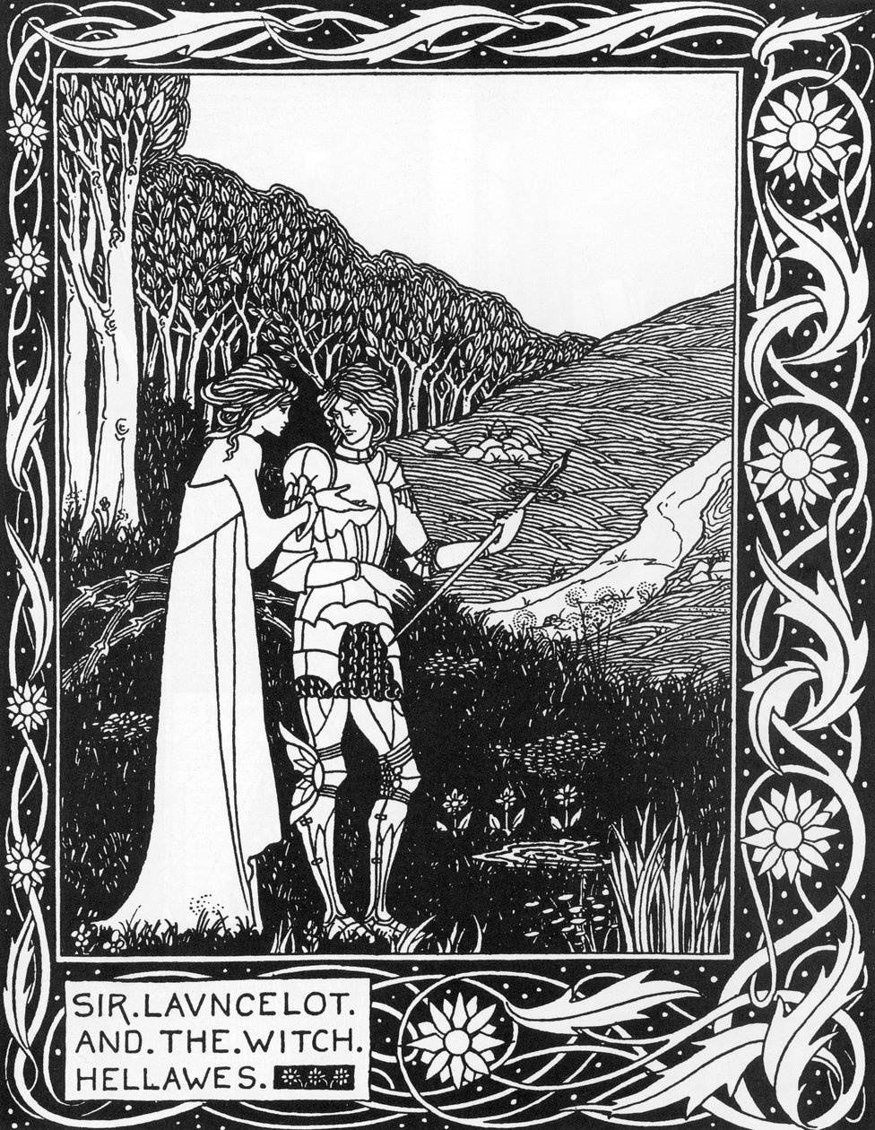 Sir Launcelot ve cadı Hellawes (Lancelot ve cadı Hellawes) Thomas Malory'nin “Arthur'un Ölümü”nden Aubrey Beardsley'nin (1872-1898) çizimi by Aubrey Beardsley