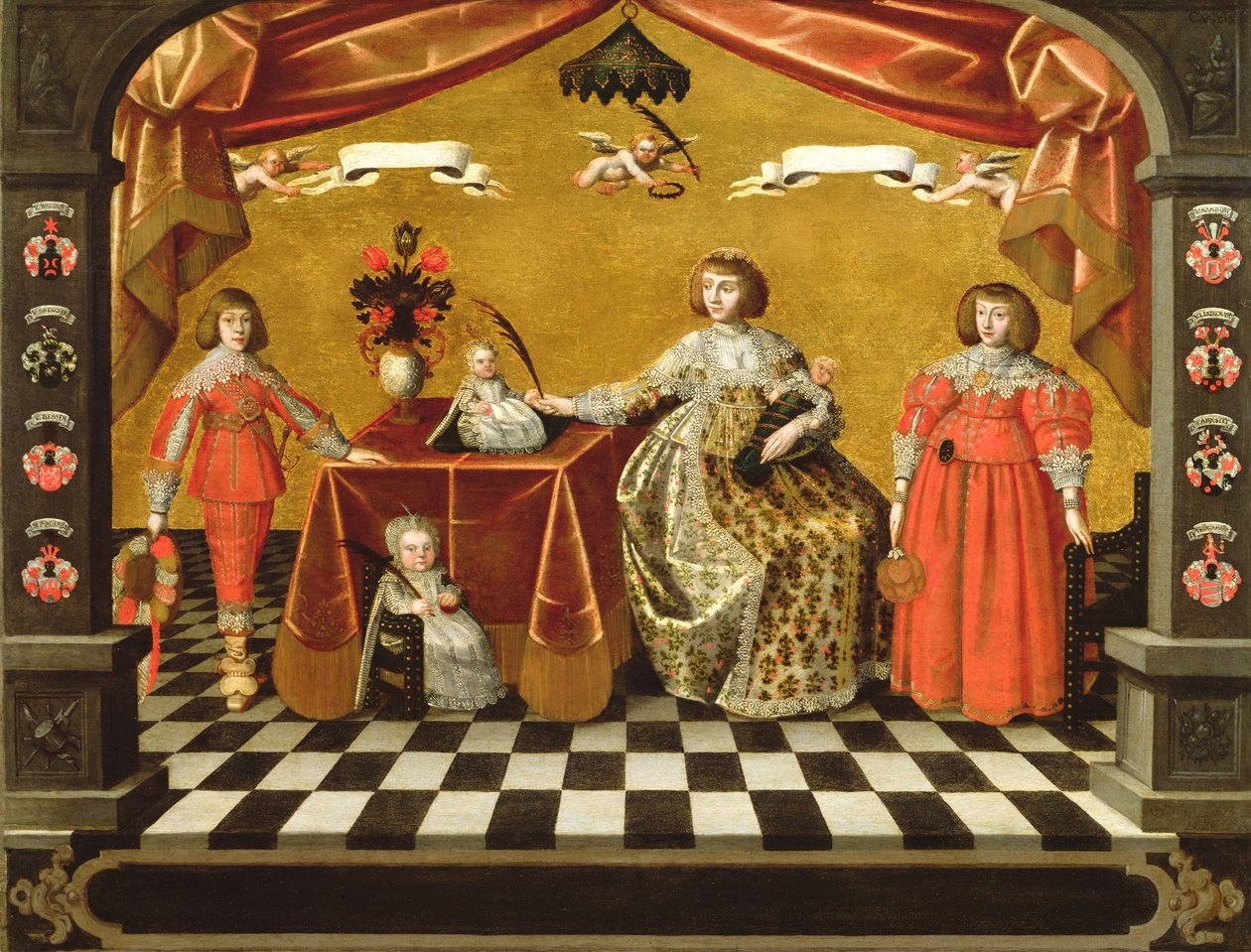 A Family Group Portrait with coats of arms by August Erich