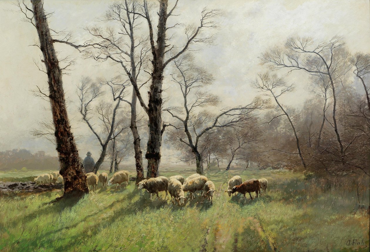Akşam ışığında sürüsü ile çoban by August Fink