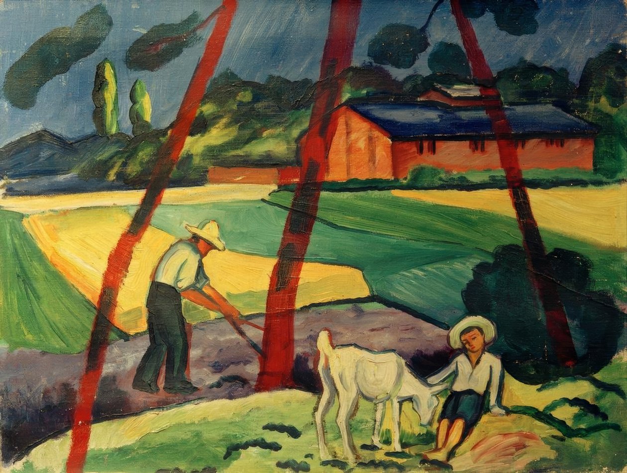Bir çiftçi, çocuk ve keçi ile manzara by August Macke