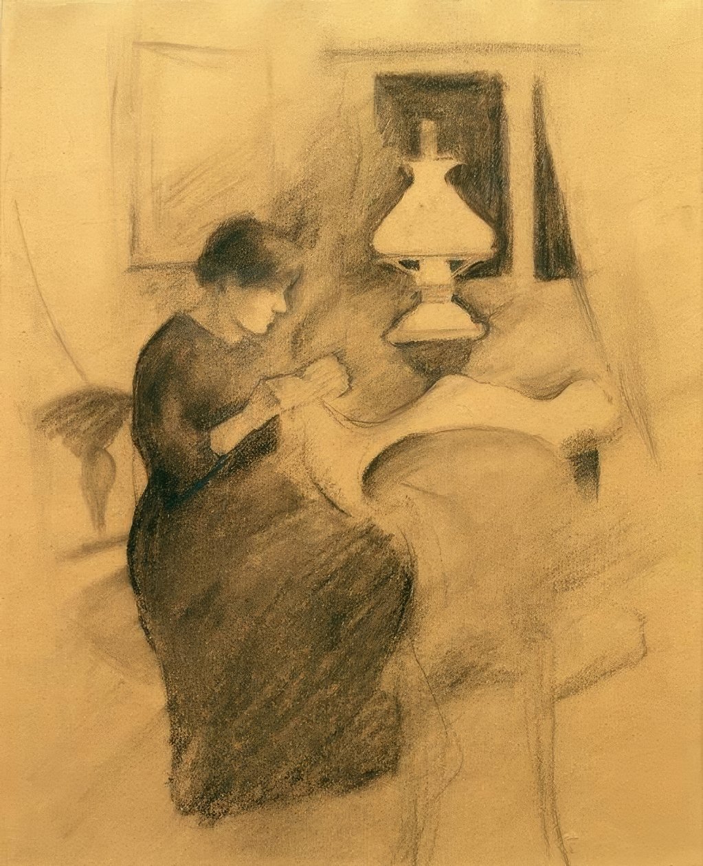 Lambanın yanında dikiş diken kız (Elisabeth) by August Macke