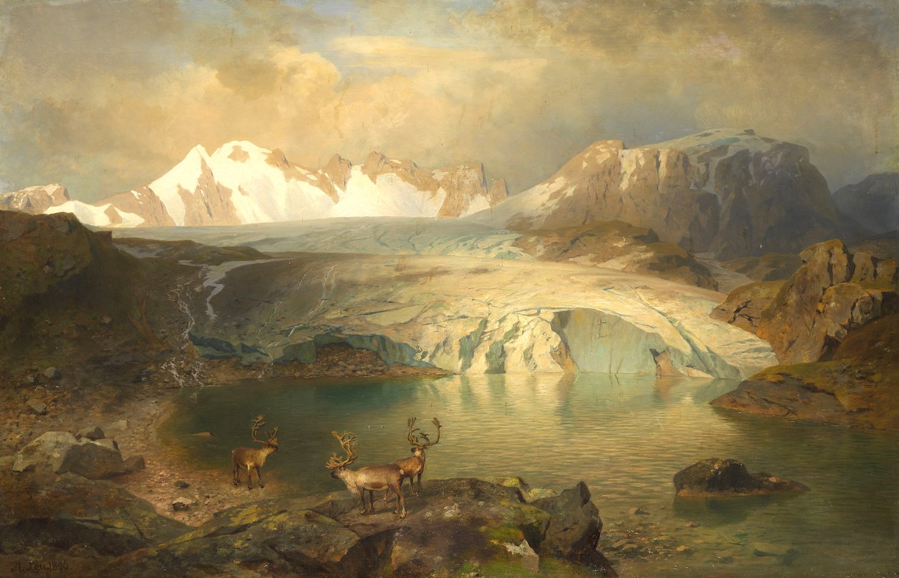 Bir buzul ve ren geyiği ile fiyort manzarası by August Wilhelm Leu