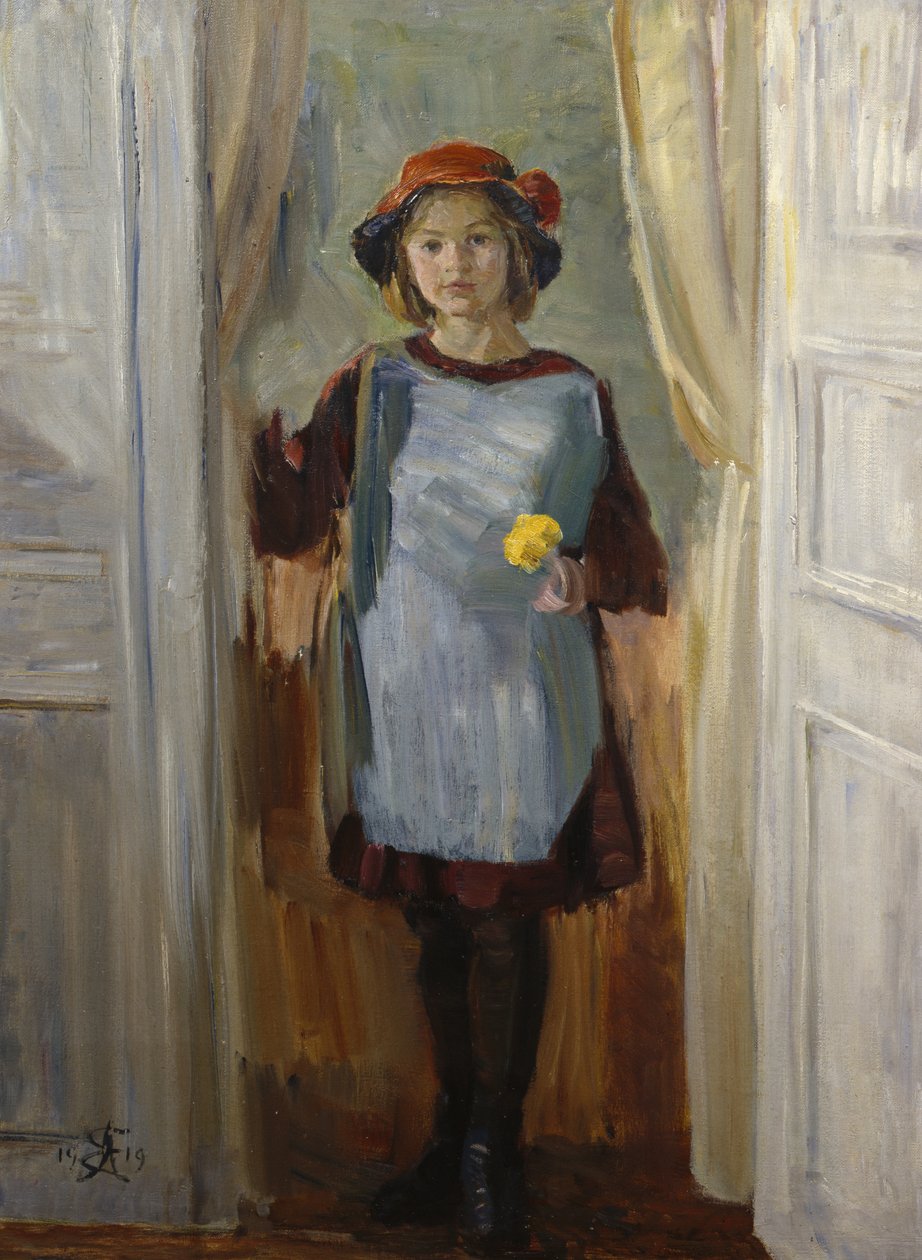 Kapıdaki kız (Maria Eiebakke) 1918 (tuval üzerine yağlı boya) by August Eiebakke