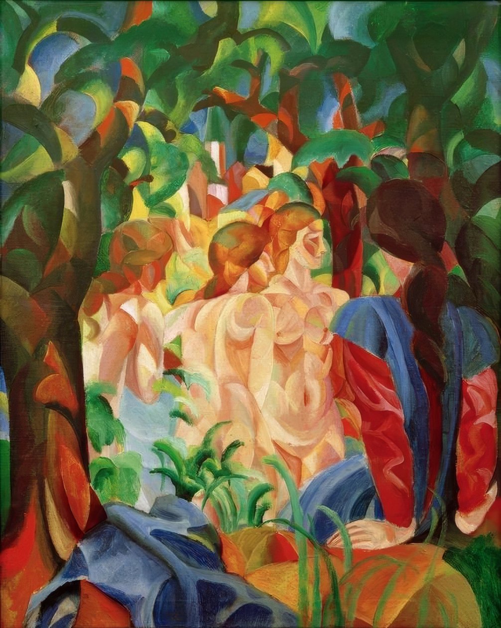 Arka planda şehir olan banyo yapan kızlar by August Macke