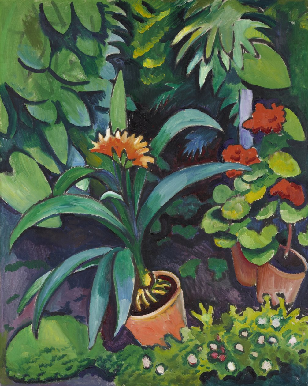 Bahçedeki çiçekler, clivia ve sardunya by August Macke