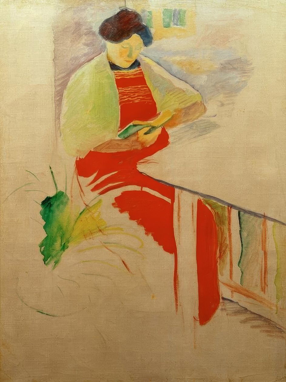 Balkonda kırmızı önlüklü kadın (Elisabeth) by August Macke