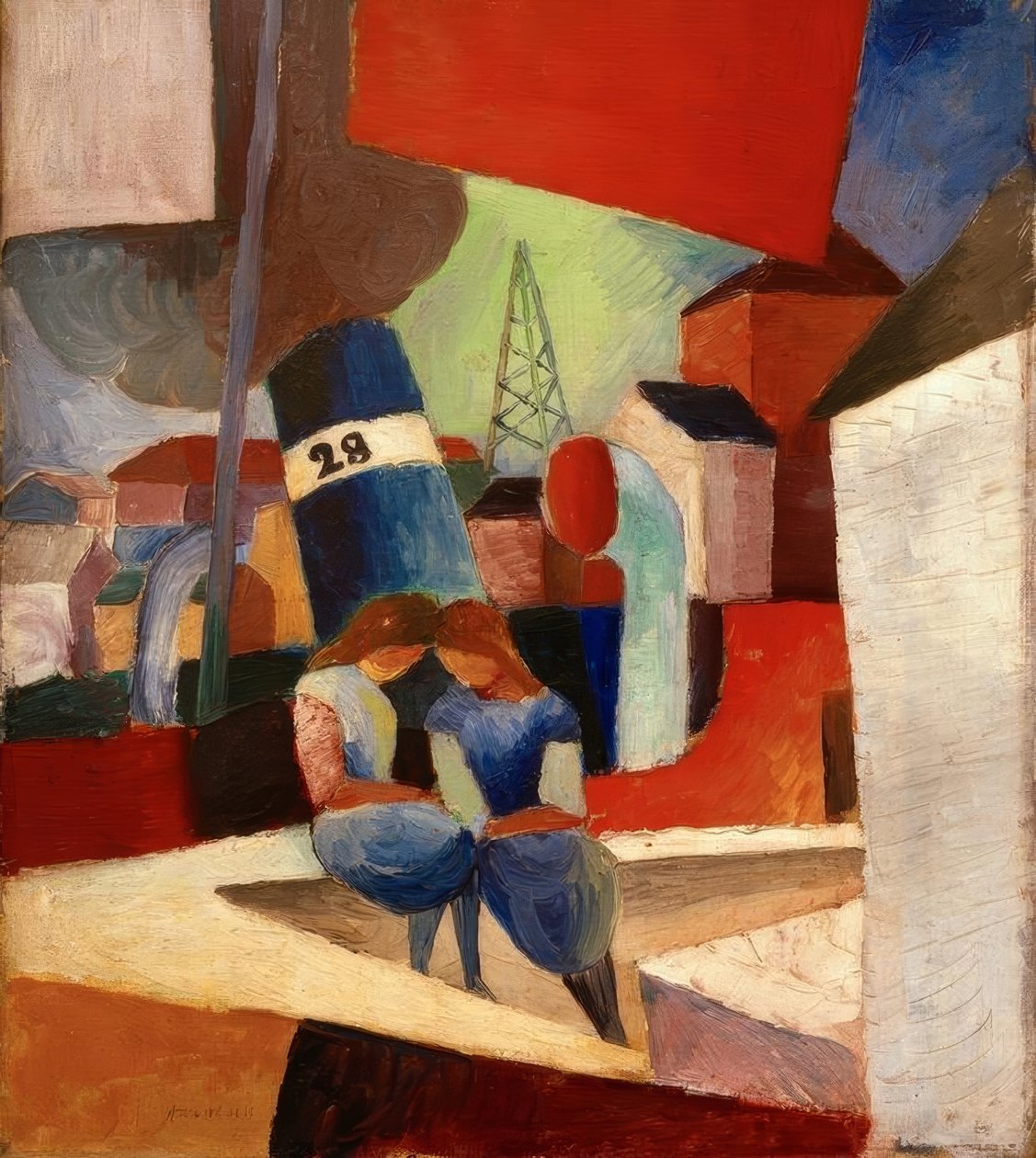 Duvarda çocuklarla liman resmi: Duisburg limanı by August Macke