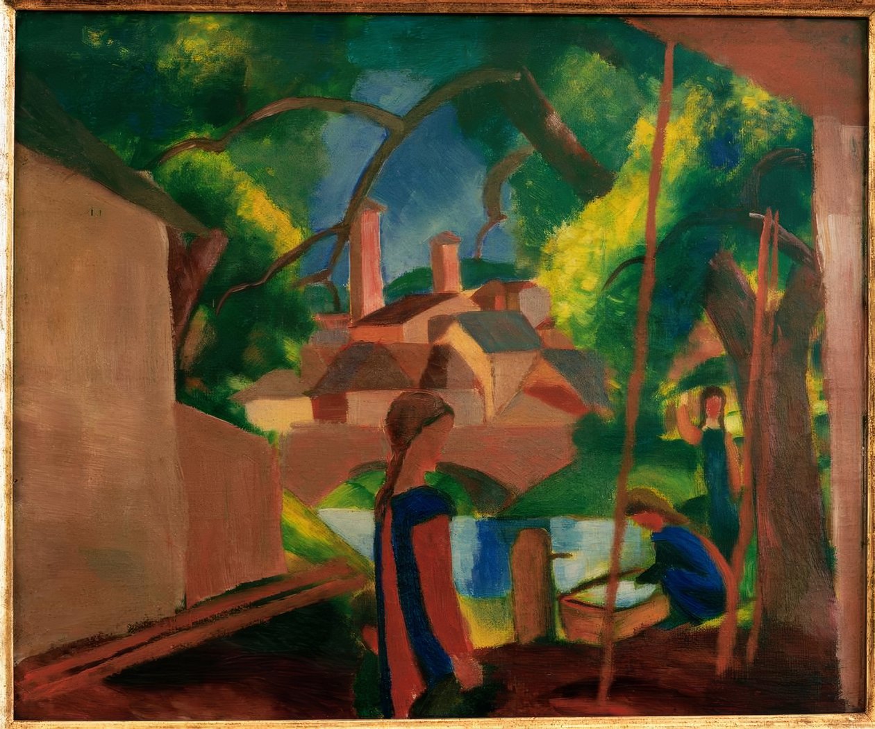 Arka planda şehir olan çeşmedeki çocuklar by August Macke