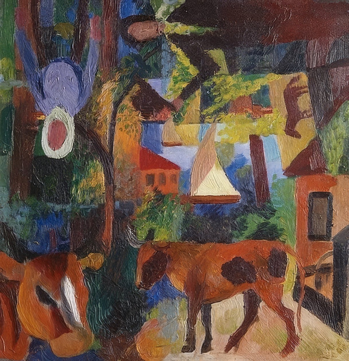 İnekler, yelkenli ve figürlerle dolu manzara. 1914 by August Macke
