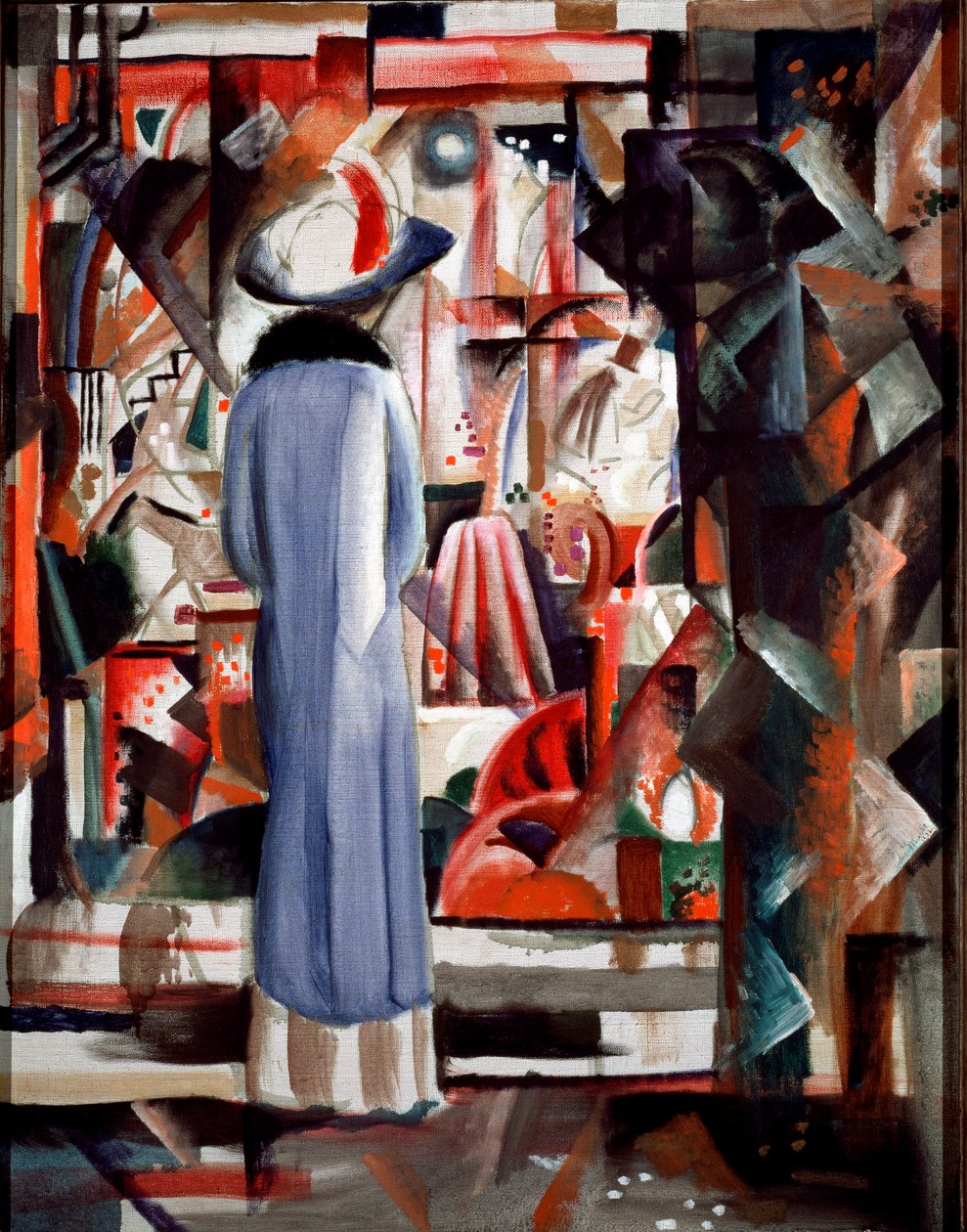 Büyük ışıklı vitrin Uzun bir palto ve şapka giyen bir kadın vitrine bakıyor. August Macke (1887-1914) tarafından yapılan boyama 1912 Dim. 105x85 cm Hannover, Sprengel Müzesi by August Macke