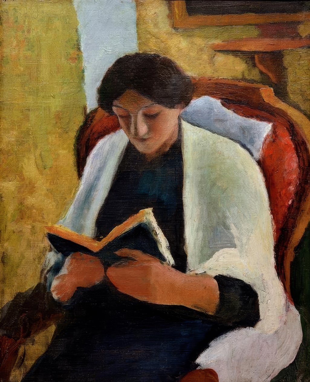 Kırmızı koltukta okuyan kadın by August Macke