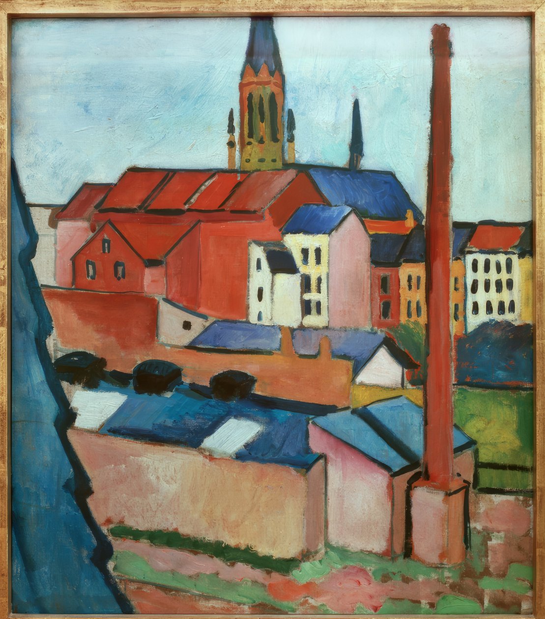 Evler ve baca ile Marienkirche by August Macke