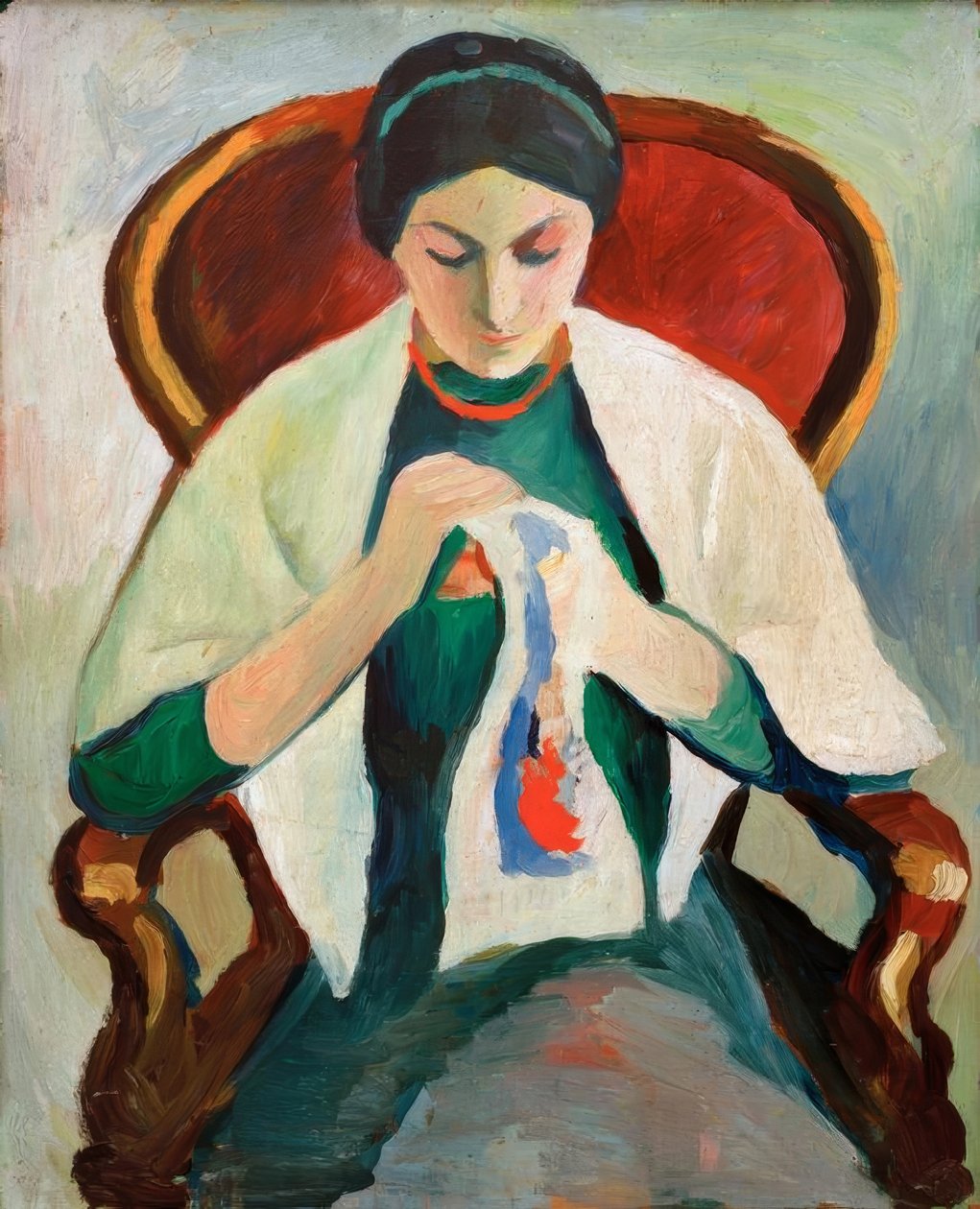 Bir koltukta nakış yapan kadın: sanatçının karısının portresi by August Macke