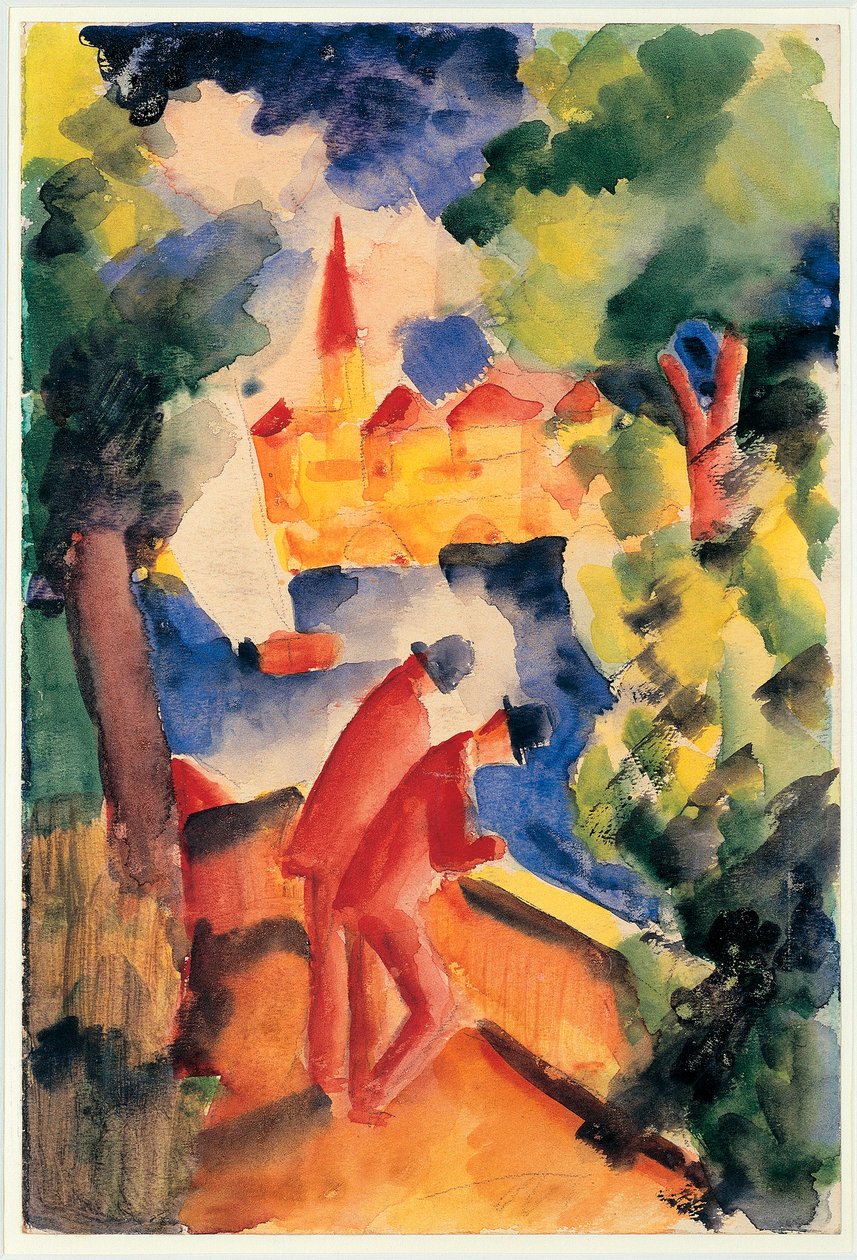 Korkulukta İki Adam Kolunda Bir Göle Bakan 1914 (suluboya) by August Macke