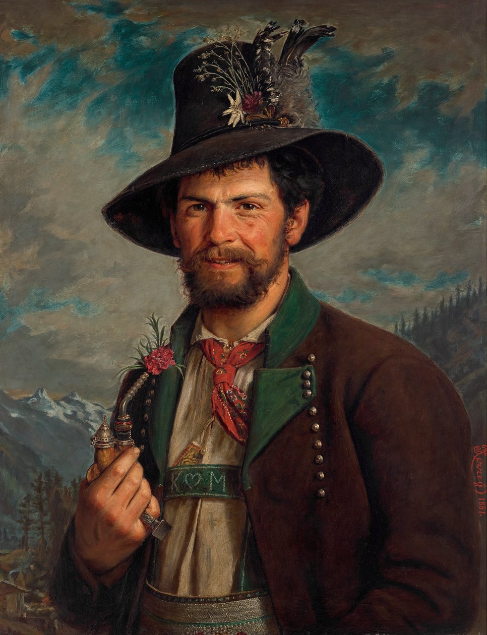 Geleneksel Stubai kostümlü Tirol çiftçisi by August Pezzey d. Ä.