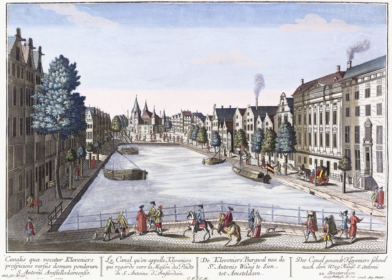 Vue of Kleveniers Canal, Amsterdam, c.1740-1770 (el boyaması gravür) by August Vindel