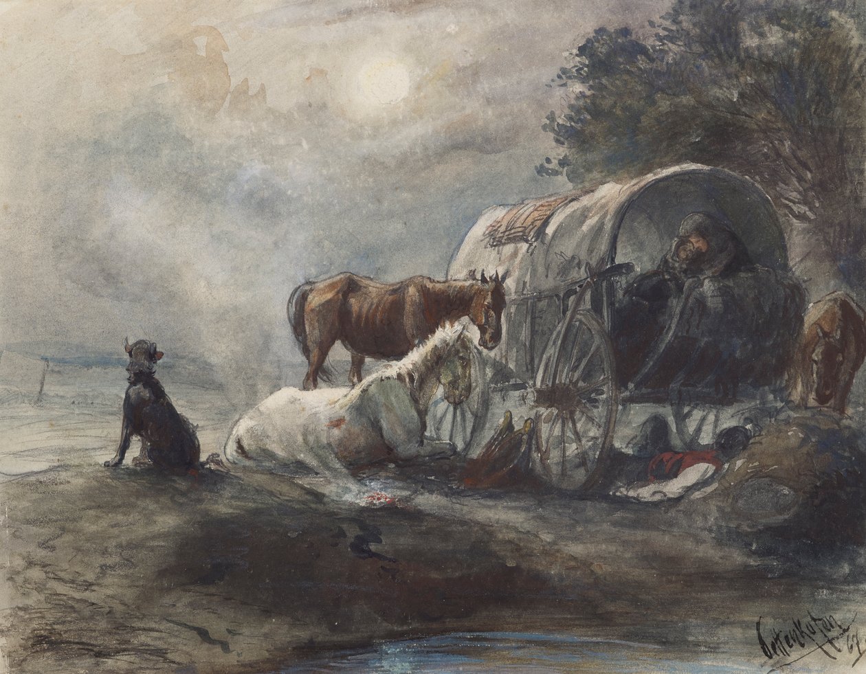 Kapalı bir vagonda geceleme by August von Pettenkofen