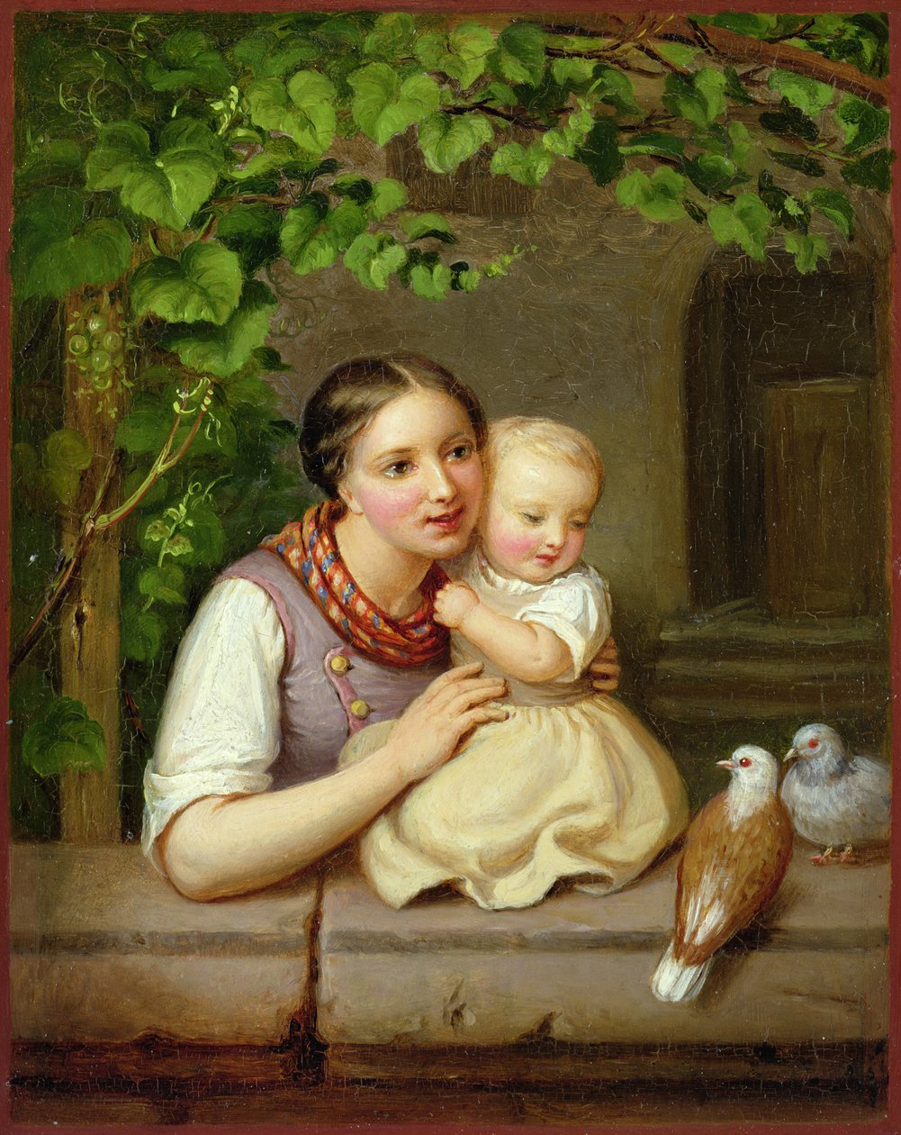 Çocuklu ve İki Güvercinli Anne (bakır üzerine yağlı boya) by August von der Embde