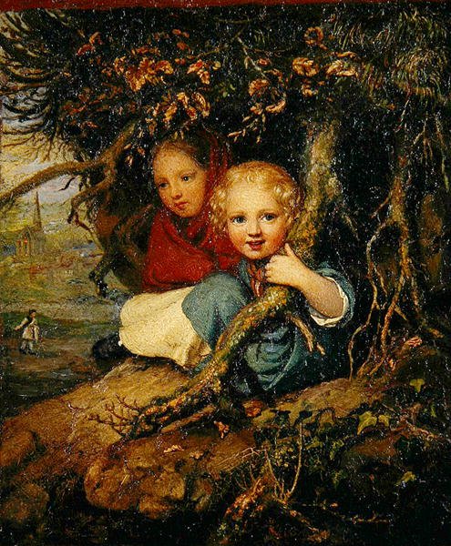 Ağaç Kökleri Altında İki Çocuk, 1840 dolayları (çinko levha üzerine yağlı boya) by August von der Embde