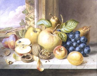 Elma, Üzüm, Armut, Erik ve Ceviz Pencere Kenarında Natürmort by Augusta Innes Withers