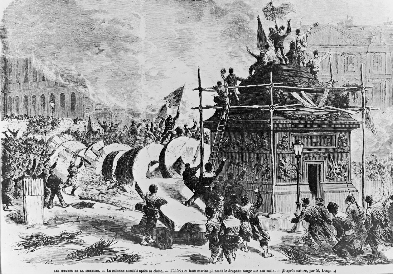 Düşüşünden hemen sonra Vendome sütunu, Federes ve kırmızı bayrağı kaideye koyan sahte denizciler, 16 Mayıs 1871 by Auguste Andre Lancon