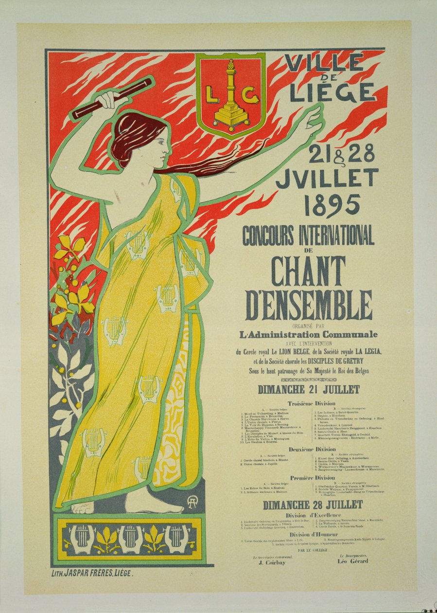 'Concours International de Chant ensemble' reklamını yapan bir posterin reprodüksiyonu, Liege, Belçika, 1895 by Auguste Donnay