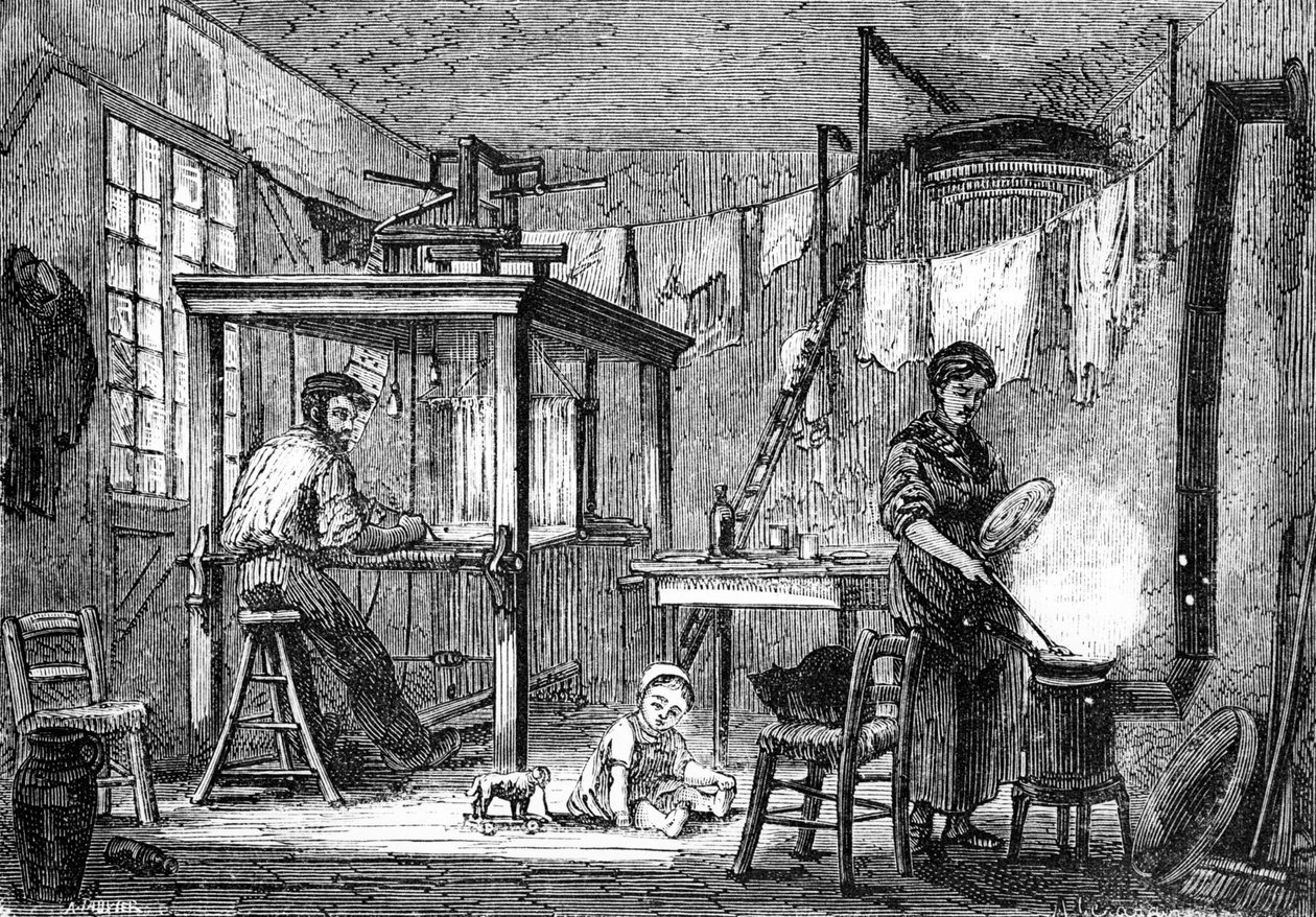 Bir Lyonnais dokumacısı ve ailesi, 1880 dolayları (litografi) by Auguste Gerardin