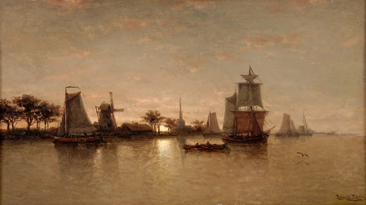 Flulandschaft bei MondscheinnNederlands: Rivierlandschap bij maanlichtn by Auguste Musin