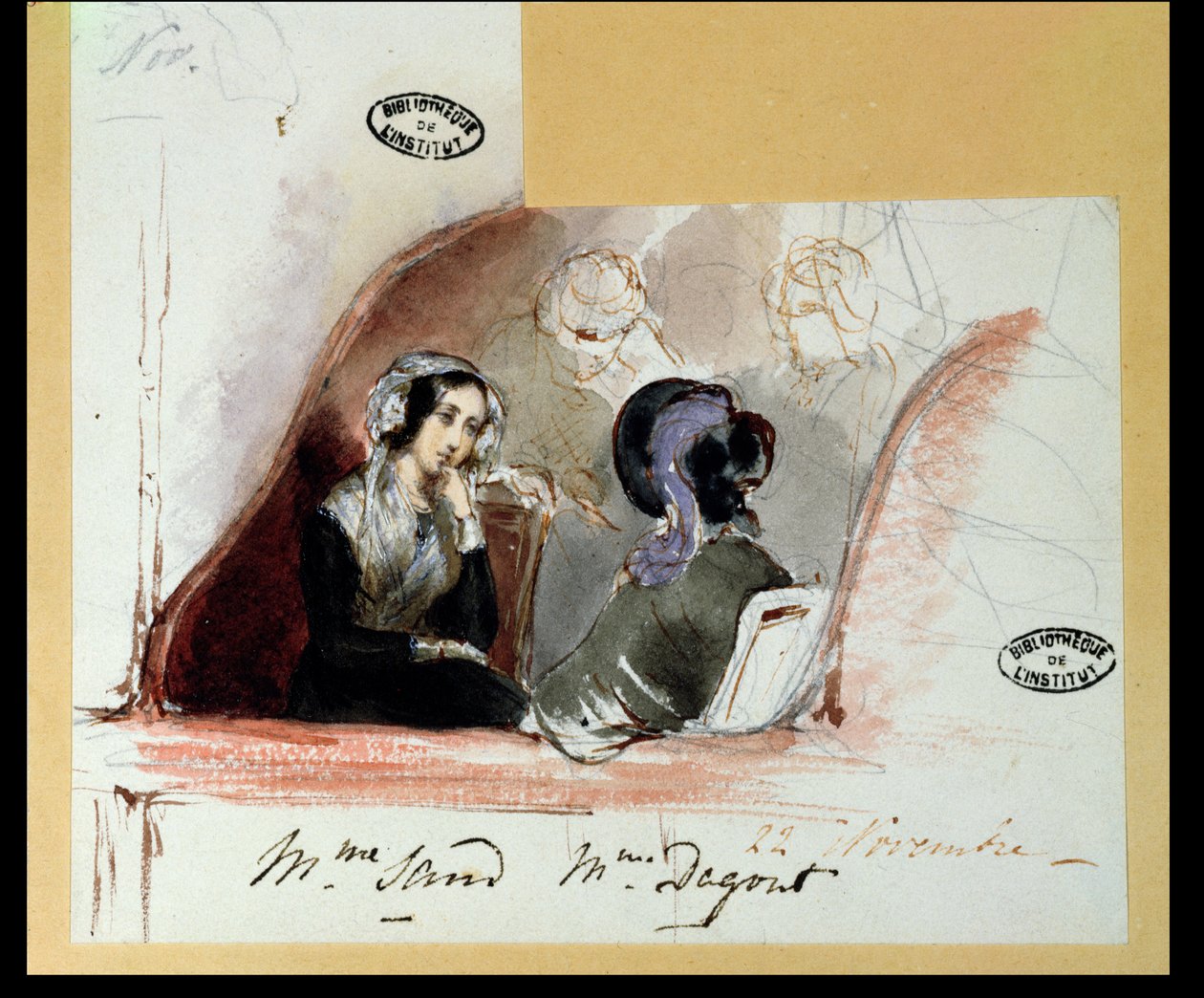 George Sand (1804-76) ve Marie de Flavigny (1805-76) Agoult Kontesi, Comedie Francaise'de, 1834 by Auguste Odier