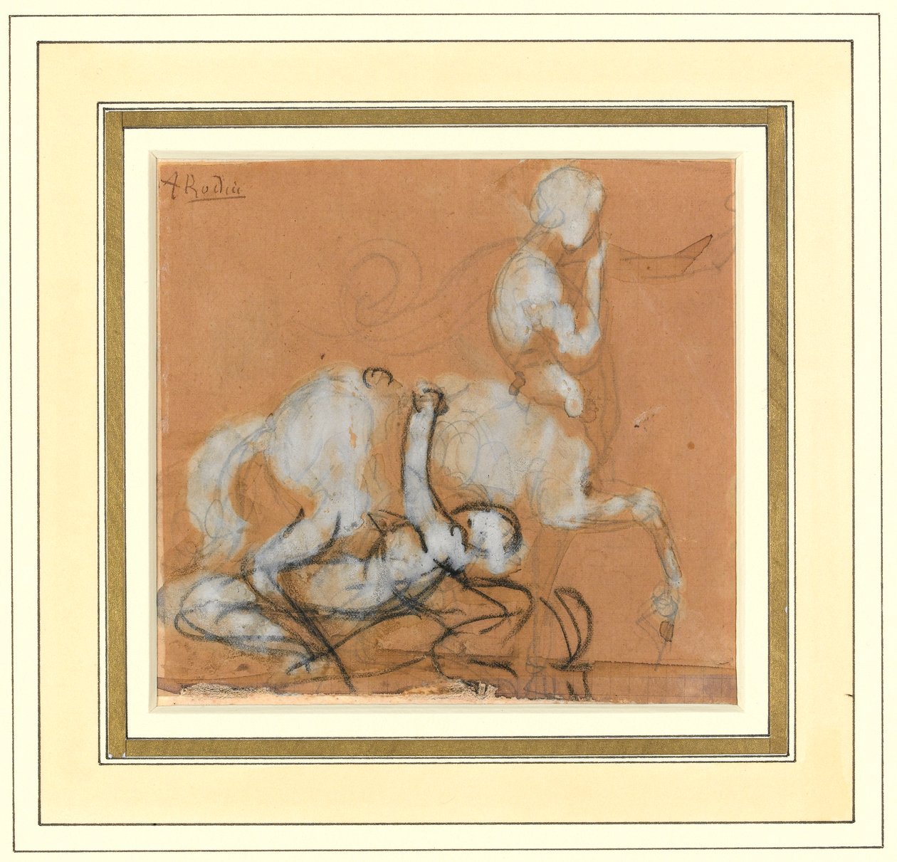 Aşil ve Cheiron (grafit, tebeşir ve kahverengi yıkama, kağıt üzerinde beyaz yükselme ile) by Auguste Rodin