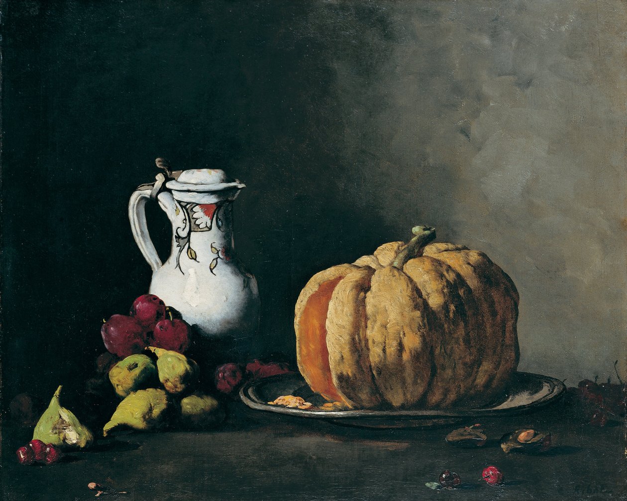 Kabak, Erik, Kiraz, İncir ve Sürahi ile Natürmort by Auguste Theodule Ribot